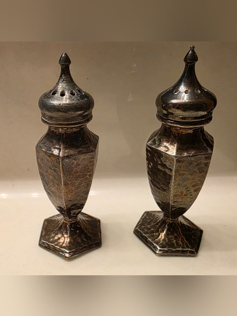 Vintage Silver-Tone Hammered Metal Salt and Pepper Shakers